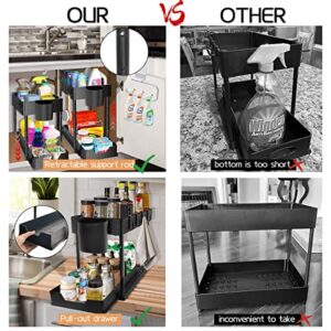 2 Pack Under Sink Organizer, 2 Tier Stretchable Under Sliding Kitchen Bathroom Cabinet Organizers and Storage Shelf with Over The Door Paper Towel Holder, Hooks, Hanging Cup, Black Under Sink Storage