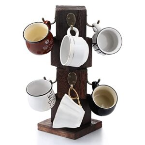vesici wood coffee mug holder rustic wooden coffee cup holder for counter farmhouse mug tree stand with 8 cup hangers, vintage mug rack for coffee bar kitchen (brown)