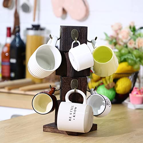 Vesici Wood Coffee Mug Holder Rustic Wooden Coffee Cup Holder for Counter Farmhouse Mug Tree Stand with 8 Cup Hangers, Vintage Mug Rack for Coffee Bar Kitchen (Brown)