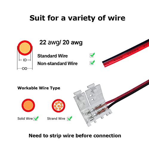 Biantie La 3528 2835 2 Pin 8mm LED Strip Connector Unwired Clips - DIY Strip to Wire Quick Solderless Connection for 12v 24v Single Color Led Strip Lights (Pack of 10)