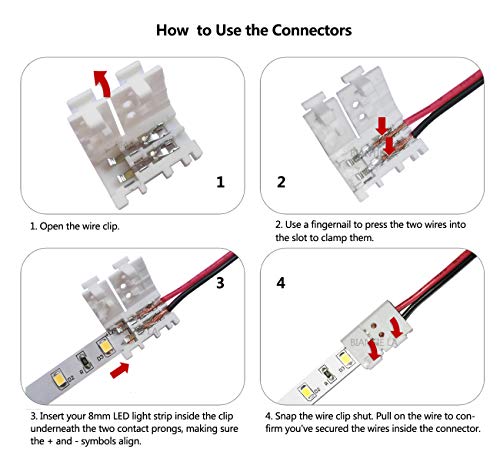 Biantie La 3528 2835 2 Pin 8mm LED Strip Connector Unwired Clips - DIY Strip to Wire Quick Solderless Connection for 12v 24v Single Color Led Strip Lights (Pack of 10)