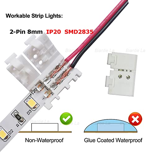 Biantie La 3528 2835 2 Pin 8mm LED Strip Connector Unwired Clips - DIY Strip to Wire Quick Solderless Connection for 12v 24v Single Color Led Strip Lights (Pack of 10)