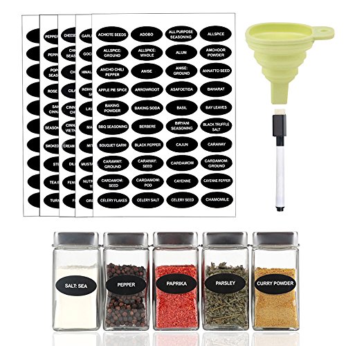 200 Printed Spice Labels Includes Waterproof 160 Spice Jar Label Stickers, 40 Blank Write-on Labels, 1 Chalk Marker Pen, 1 Silicone Collapsible Funnel to Pour Spices Into Jar by Hanindy.