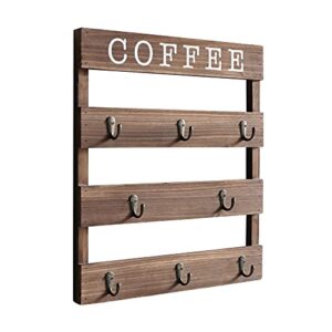 emaison solid wood coffee mug holder wall mounted, rustic cup rack with 8 hooks large space for big cups for kitchen, home, coffee bar station (brown)