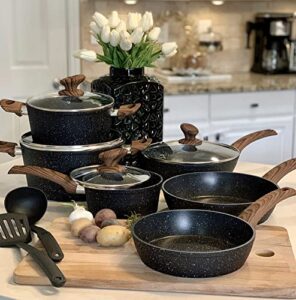 kitchen academy induction cookware sets – 12 piece cooking pan set, granite black nonstick pots and pans set