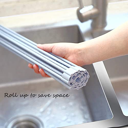 Tiilan Roll Up Dish Drying Rack Over The Sink, Dish Drainer, Heat Resistant Trivet Mat for Kitchen - Full Silicone Coating - Warm Gray, 20.5" x 13"