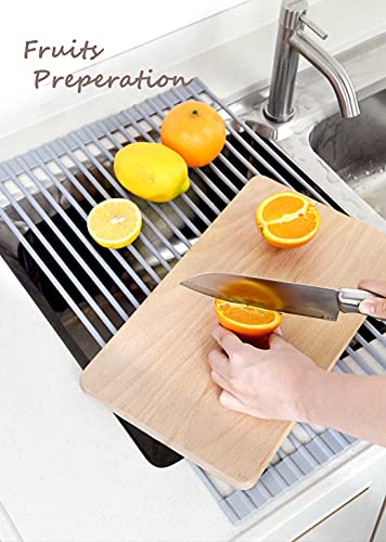 Tiilan Roll Up Dish Drying Rack Over The Sink, Dish Drainer, Heat Resistant Trivet Mat for Kitchen - Full Silicone Coating - Warm Gray, 20.5" x 13"