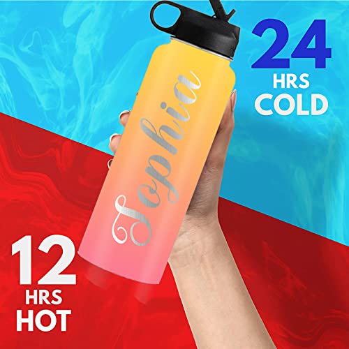 YESCUSTOM Personalized Water Bottle with Straw,Gradient Custom Insulated Stainless Steel Sports Water Bottle with Name or Text-Double Wall Vacuum Insulated Gift Cup for Kids Women Men-20 Fonts