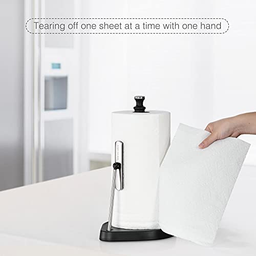 Lucalda Single Tear Paper Towel Holder Countertop, Stainless Steel Roll Dispenser Stand for Kitchen Countertop Dining Table Paper Towel Rack Easy to Tear with Weighted Base and Tension Arm, Black