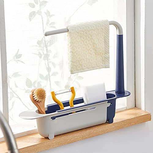 HonyQiShuo Telescopic Sink Storage Rack,Adjustable Length Telescopic Sink Rack Sponge Holder with Dishcloth Hanger Expandable Storage Drain Basket for Home Kitchen Sink (Blue)