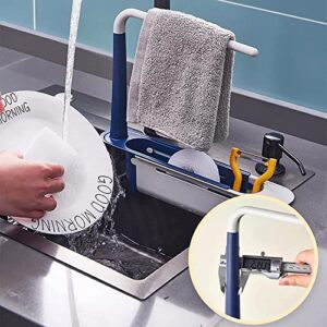 HonyQiShuo Telescopic Sink Storage Rack,Adjustable Length Telescopic Sink Rack Sponge Holder with Dishcloth Hanger Expandable Storage Drain Basket for Home Kitchen Sink (Blue)