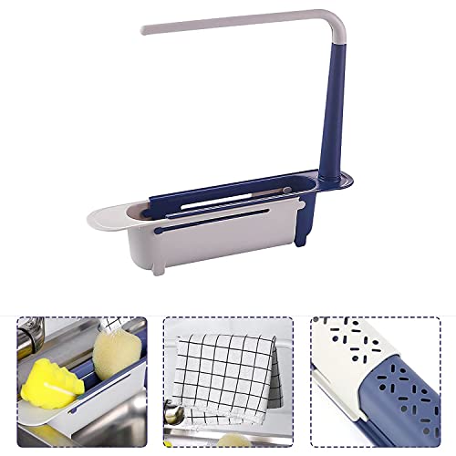 HonyQiShuo Telescopic Sink Storage Rack,Adjustable Length Telescopic Sink Rack Sponge Holder with Dishcloth Hanger Expandable Storage Drain Basket for Home Kitchen Sink (Blue)