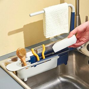 HonyQiShuo Telescopic Sink Storage Rack,Adjustable Length Telescopic Sink Rack Sponge Holder with Dishcloth Hanger Expandable Storage Drain Basket for Home Kitchen Sink (Blue)