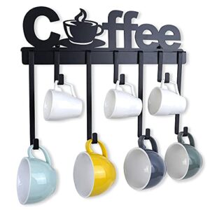yangshuo coffee mug holder – wall mount coffee cup holder with adjustable mug hooks (black/metal), decorative coffee sign mug hanger rack (17-inch)