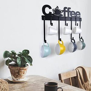 YANGSHUO Coffee Mug Holder - Wall Mount Coffee Cup Holder with Adjustable Mug Hooks (Black/Metal), Decorative Coffee Sign Mug Hanger Rack (17-Inch)