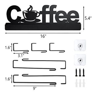 YANGSHUO Coffee Mug Holder - Wall Mount Coffee Cup Holder with Adjustable Mug Hooks (Black/Metal), Decorative Coffee Sign Mug Hanger Rack (17-Inch)