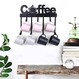 YANGSHUO Coffee Mug Holder - Wall Mount Coffee Cup Holder with Adjustable Mug Hooks (Black/Metal), Decorative Coffee Sign Mug Hanger Rack (17-Inch)