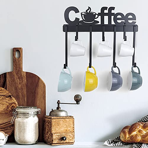 YANGSHUO Coffee Mug Holder - Wall Mount Coffee Cup Holder with Adjustable Mug Hooks (Black/Metal), Decorative Coffee Sign Mug Hanger Rack (17-Inch)