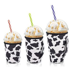 3 pack iced coffee sleeve for cold drink cups，reusable insulator sleeves cup holder for cold drinks beverages compatible with starbucks coffee, dunkin coffee ，more (cow print)