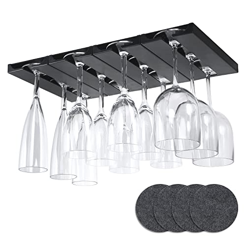 PTBeenta Plastic Wine Glass Rack, No Drilling Wine Glasses Holder Under Shelf & Cabinet, Hanging Stemware Rack Organizer Hanger for Bar Cabinet Kitchen, 4 Pack, Black, 4 Coasters Included