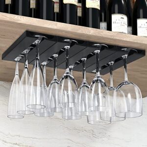 PTBeenta Plastic Wine Glass Rack, No Drilling Wine Glasses Holder Under Shelf & Cabinet, Hanging Stemware Rack Organizer Hanger for Bar Cabinet Kitchen, 4 Pack, Black, 4 Coasters Included