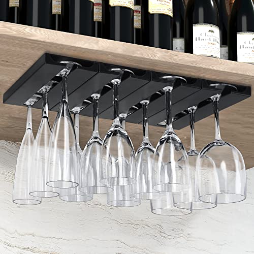 PTBeenta Plastic Wine Glass Rack, No Drilling Wine Glasses Holder Under Shelf & Cabinet, Hanging Stemware Rack Organizer Hanger for Bar Cabinet Kitchen, 4 Pack, Black, 4 Coasters Included