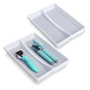 smart design 2-compartment plastic drawer organizer – set of 2 – non-slip lining and feet – bpa free – utensils, flatware, office, personal care, or makeup storage – kitchen – white with gray