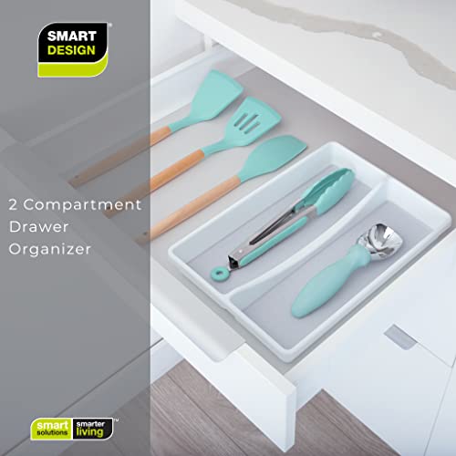 Smart Design 2-Compartment Plastic Drawer Organizer - Set of 2 - Non-Slip Lining and Feet - BPA Free - Utensils, Flatware, Office, Personal Care, or Makeup Storage - Kitchen - White with Gray