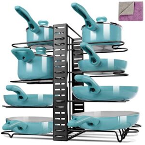 kphico pots and pans organizer,pot rack with 3 diy methods,adjustable pan organizer rack with 8 tiers,non-slip pan pot rack for kitchen cabinet organizer and storage,send 1 pcs cleaning cloth