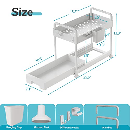 DAILOU Under Sink Organizers and Storage 2 Pack, Bathroom Cabinet Organizer with Sliding Drawers, 2 Tier Kitchen Under Cabinet Storage with Handles, Hooks and Hanging Cup (White)