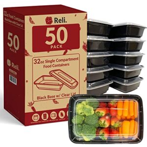 reli. (50 pack 32 oz. meal prep containers – 1 compartment food containers with lids, stackable microwavable freezer dishwasher safe plastic food storage – black reusable bpa free bento box/lunch box