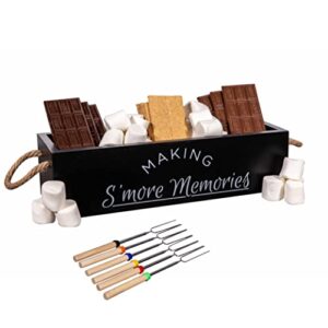 s’mores station wooden box s’mores bar carrier with durable handles smores caddy with marshmallow sticks, farmhouse decor, rustic smores kit – great for parties, entertaining, camping (black)
