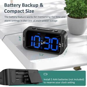 Odokee Digital Dual Alarm Clock for Bedroom, Easy to Set, 0-100% Dimmer, USB Charger, 5 Sounds Adjustable Volume, Weekday/Weekend Mode, Snooze, 12/24Hr, Battery Backup, Compact Clock for Bedside(Blue)