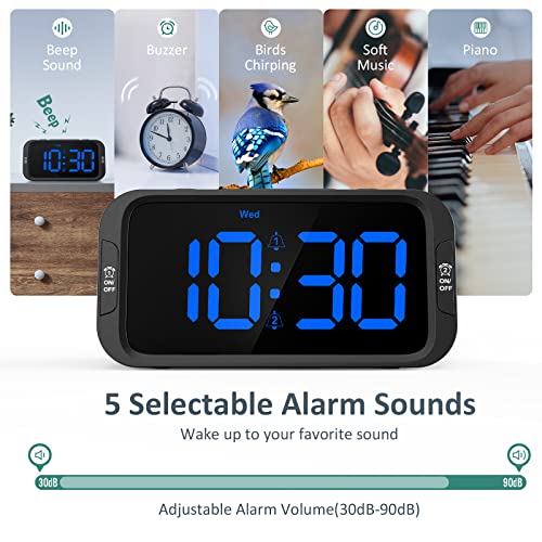 Odokee Digital Dual Alarm Clock for Bedroom, Easy to Set, 0-100% Dimmer, USB Charger, 5 Sounds Adjustable Volume, Weekday/Weekend Mode, Snooze, 12/24Hr, Battery Backup, Compact Clock for Bedside(Blue)