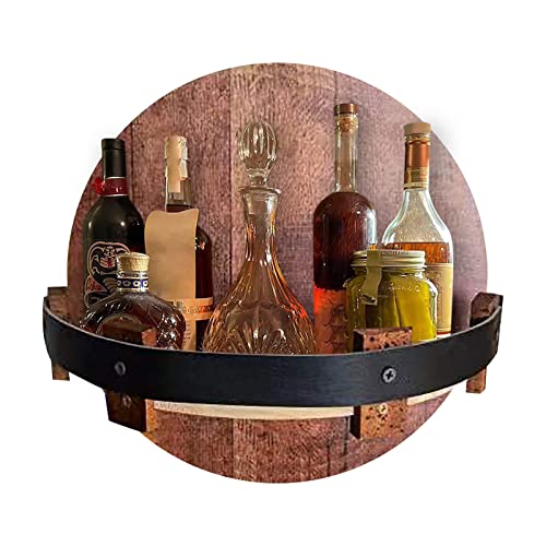 CSQDU Wooden Bourbon Whiskey Barrel Shelf, Hand Crafted Wall Mounted Wine Rack Countertop, Round Display Organizer Stand Bar Shelves Vintage Liquor Bottle Home Decor (A)