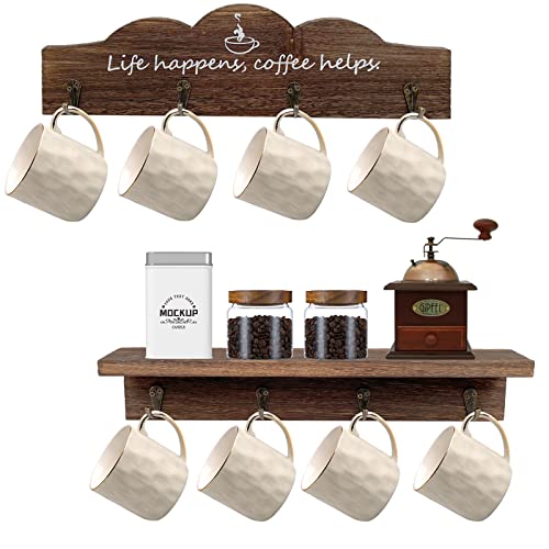 Ismosm Coffee Cup Holder 2 Pcs Kitchen Wall Decor Coffee Mug Holder with 8 Sturdy Hooks Mug Rack for Farmhouse Kitchen Decorations, Coffee Station, Office Decor, Mug Organizer, Mug Display (Brown)