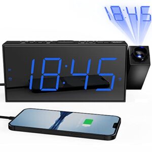 digital projection alarm clock for bedroom, large led alarm clock with projection on ceiling wall, 350°projector,dimmer,usb charger, battery backup loud dual alarm clock for heavy sleeper kids elderly