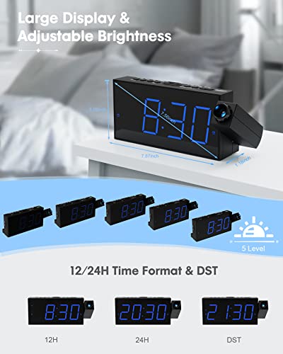 Digital Projection Alarm Clock for Bedroom, Large LED Alarm Clock with Projection on Ceiling Wall, 350°Projector,Dimmer,USB Charger, Battery Backup Loud Dual Alarm Clock for Heavy Sleeper Kids Elderly