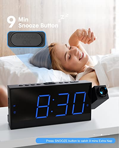 Digital Projection Alarm Clock for Bedroom, Large LED Alarm Clock with Projection on Ceiling Wall, 350°Projector,Dimmer,USB Charger, Battery Backup Loud Dual Alarm Clock for Heavy Sleeper Kids Elderly