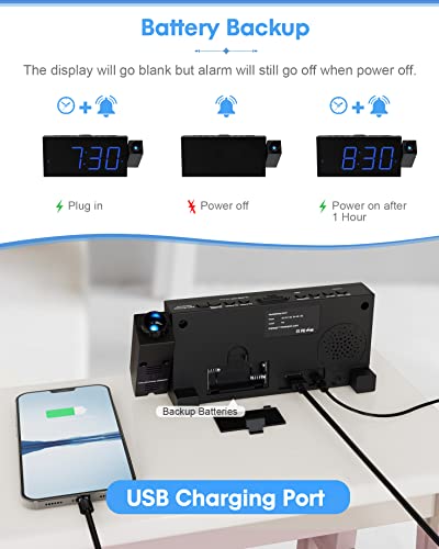 Digital Projection Alarm Clock for Bedroom, Large LED Alarm Clock with Projection on Ceiling Wall, 350°Projector,Dimmer,USB Charger, Battery Backup Loud Dual Alarm Clock for Heavy Sleeper Kids Elderly