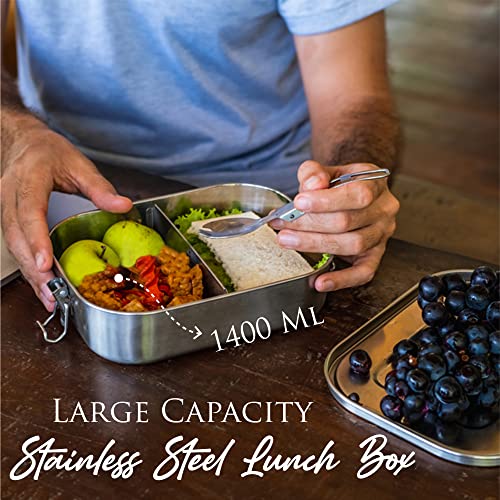 Steel Lunch Box, Stainless Steel Lunch Box, foldable Pork and Spon, Leakproof Container , 1400ml Steel Bento Lunch Box, Metal Lunch box for Adult and kids. Insulated Stainless Steel Lunch Container