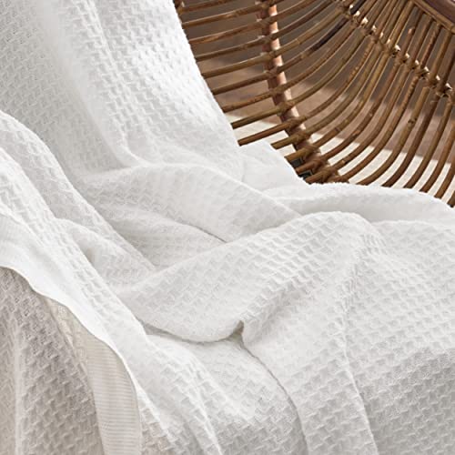 BEDSURE 100% Cotton Blankets King Size for Bed - 405GSM Waffle Weave Blankets for All Seasons, Cozy and Warm, White Soft Lightweight Woven Blankets, 104x90 inches