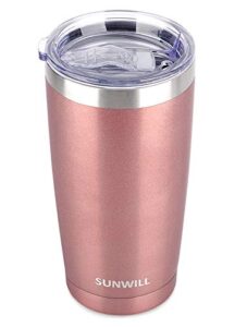 sunwill 20oz tumbler with lid, stainless steel vacuum insulated double wall travel tumbler, durable insulated coffee mug, rose gold, thermal cup with splash proof sliding lid