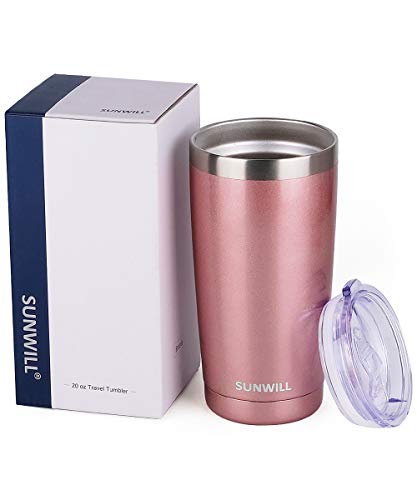 SUNWILL 20oz Tumbler with Lid, Stainless Steel Vacuum Insulated Double Wall Travel Tumbler, Durable Insulated Coffee Mug, Rose Gold, Thermal Cup with Splash Proof Sliding Lid