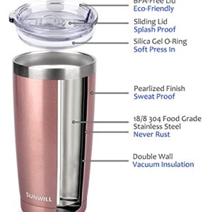 SUNWILL 20oz Tumbler with Lid, Stainless Steel Vacuum Insulated Double Wall Travel Tumbler, Durable Insulated Coffee Mug, Rose Gold, Thermal Cup with Splash Proof Sliding Lid