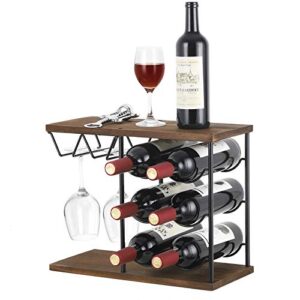 mooace wine glass rack free standing floor, metal & wood countertop wine holder, 6 bottles and 4 glasses stand