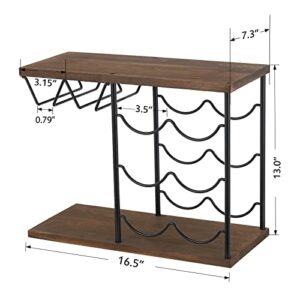 MOOACE Wine Glass Rack Free Standing Floor, Metal & Wood Countertop Wine Holder, 6 Bottles and 4 Glasses Stand