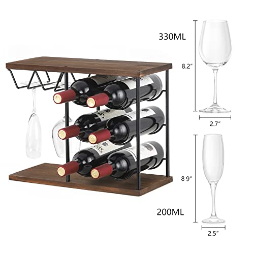 MOOACE Wine Glass Rack Free Standing Floor, Metal & Wood Countertop Wine Holder, 6 Bottles and 4 Glasses Stand