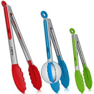 walfos silicone tongs for cooking – heat resistant kitchen tongs for salad,cooking, grilling,stainless steel and bpa free silicone tips set of 3 (7″ 9″ and 12 inch)