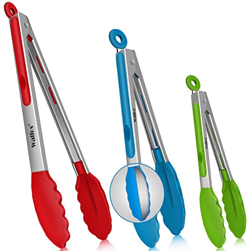 Walfos Silicone Tongs for Cooking - Heat Resistant kitchen tongs for Salad,Cooking, Grilling,Stainless Steel and BPA Free Silicone Tips set of 3 (7" 9" and 12 inch)